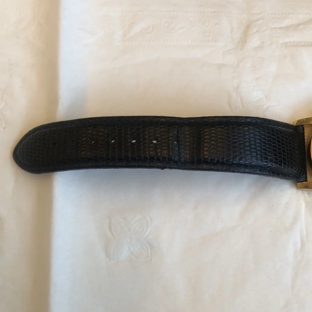 Movado Leather Watch - Grained Black Leather with Gold